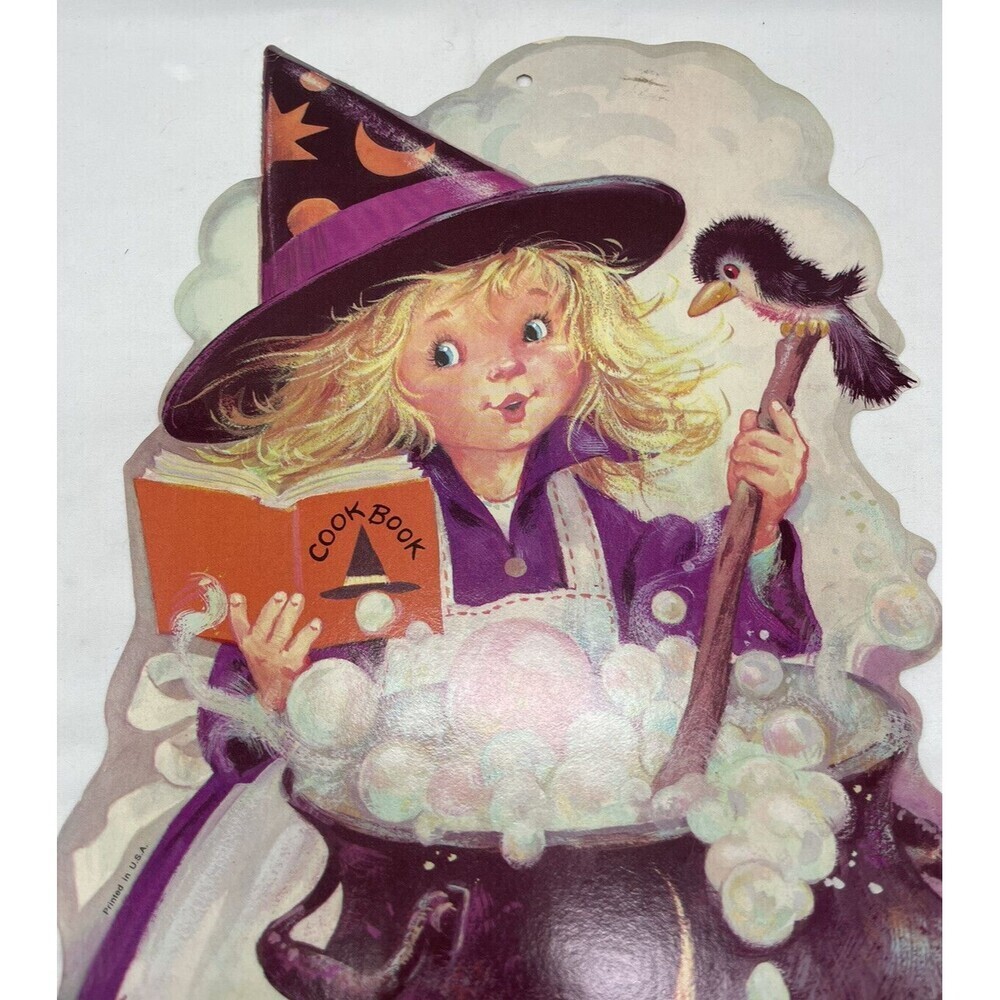 Vintage Halloween Die Cut Decoration Witch Cooking Cookbook Bird Cauldron USA - Picture 5 of 8